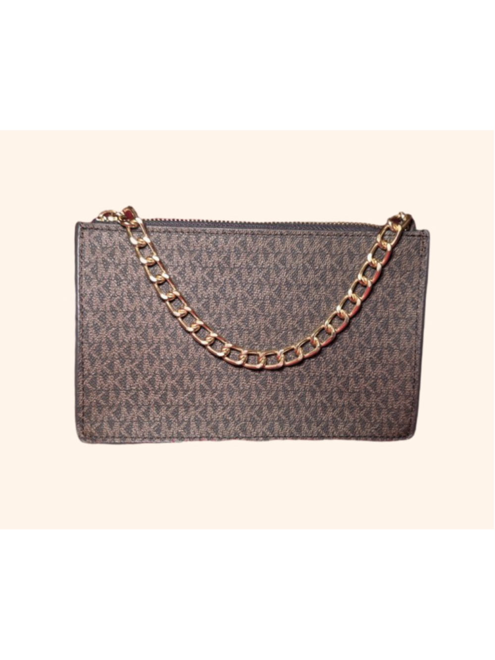 Michael Kors Brown Monogram Clutch Wristlet Belt Bag with Belt and Chain